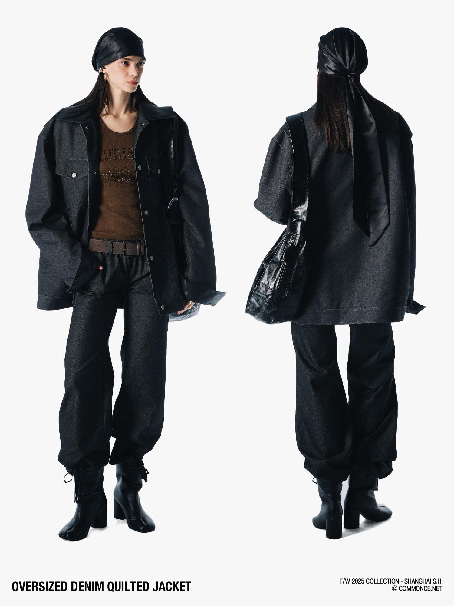 commonce net Black Denim Patchwork Leather Collar Women&