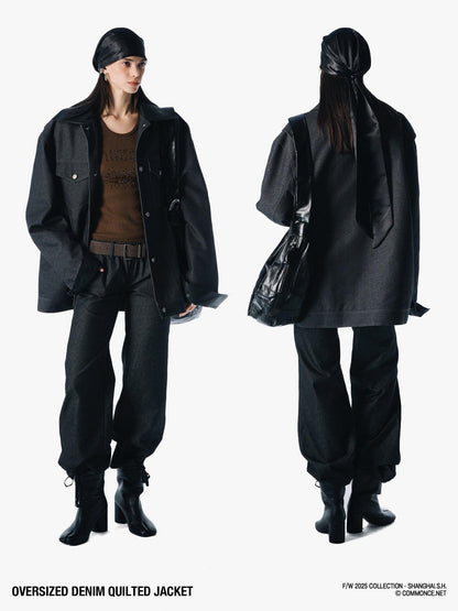 commonce net Black Denim Patchwork Leather Collar Women&