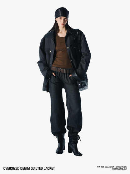 commonce net Black Denim Patchwork Leather Collar Women&