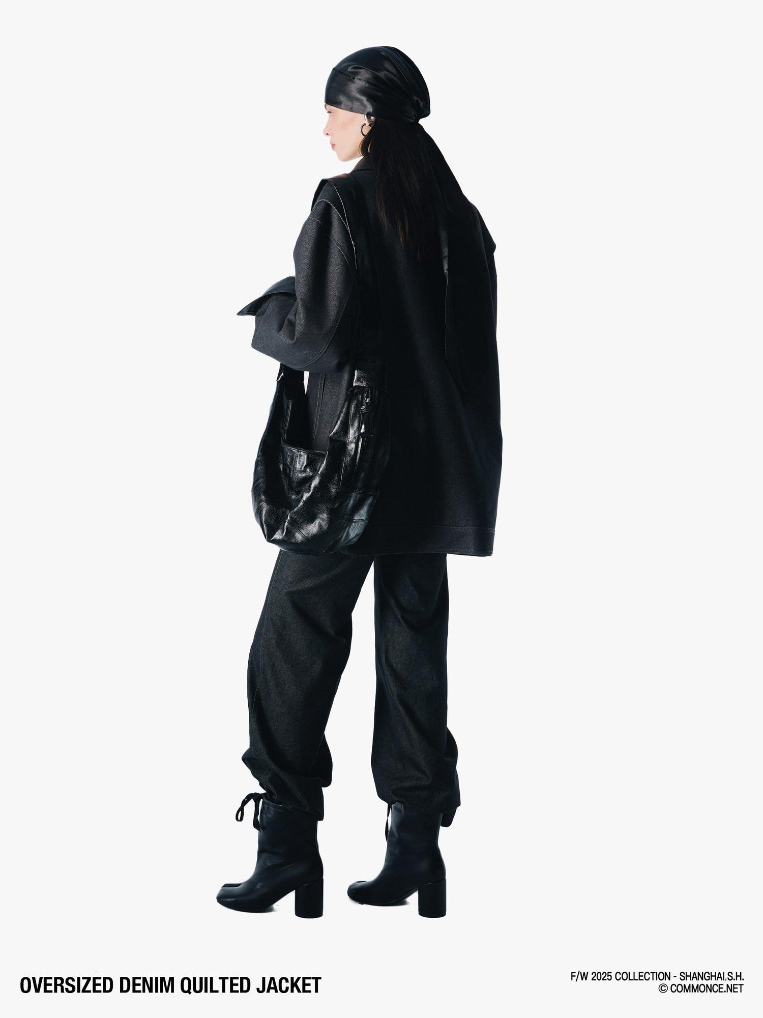 commonce net Black Denim Patchwork Leather Collar Women&