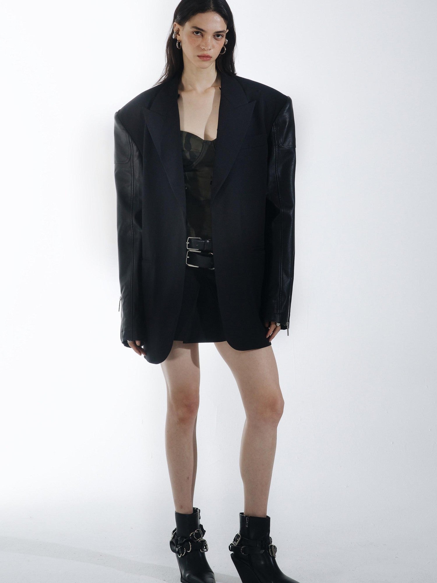 commonce net Black Detachable Fur Collar Spliced Zipper Oversized Women&