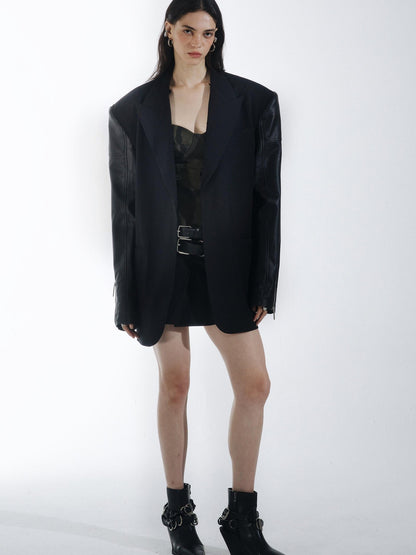 commonce net Black Detachable Fur Collar Spliced Zipper Oversized Women&