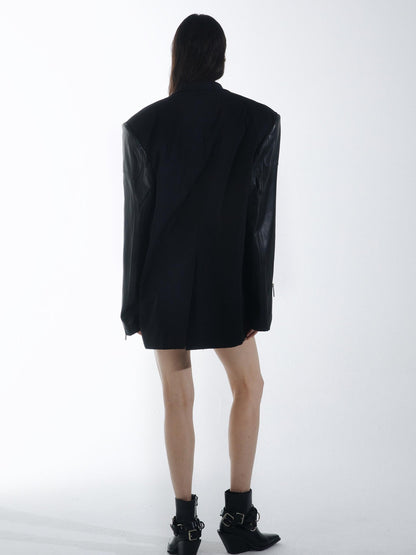 commonce net Black Detachable Fur Collar Spliced Zipper Oversized Women&