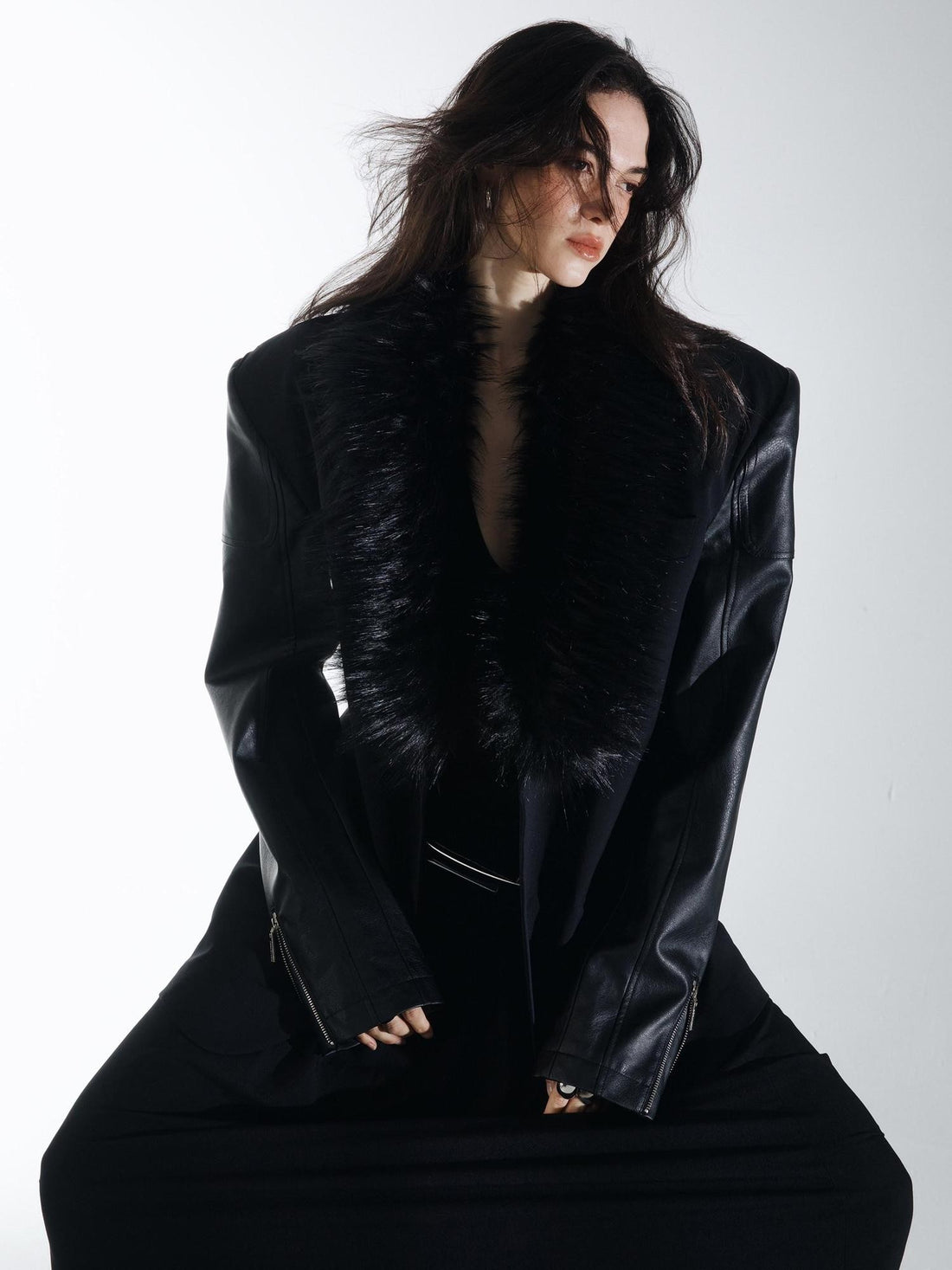 Black Detachable Fur Collar Spliced Zipper Oversized Women&