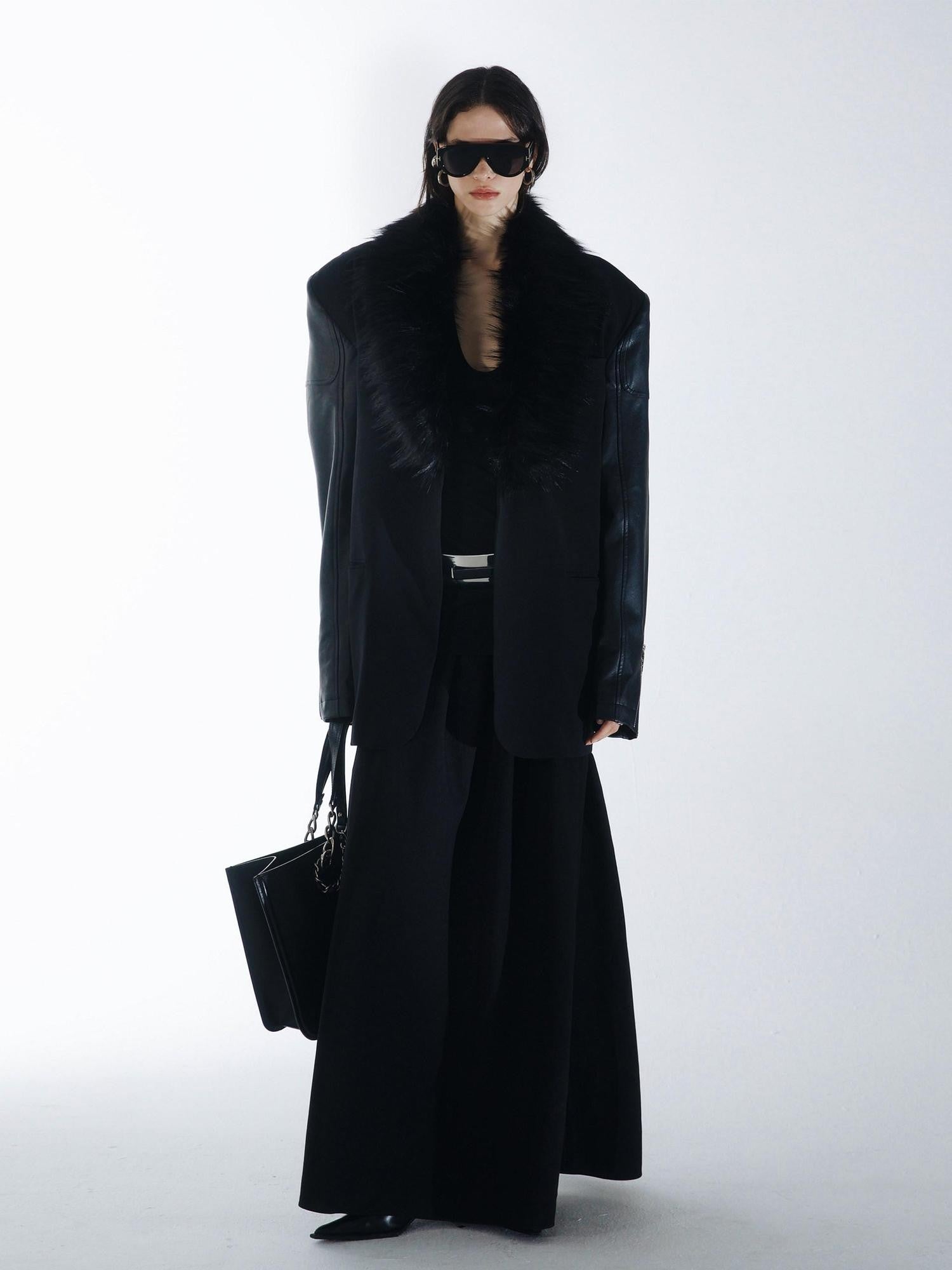 commonce net Black Detachable Fur Collar Spliced Zipper Oversized Women&