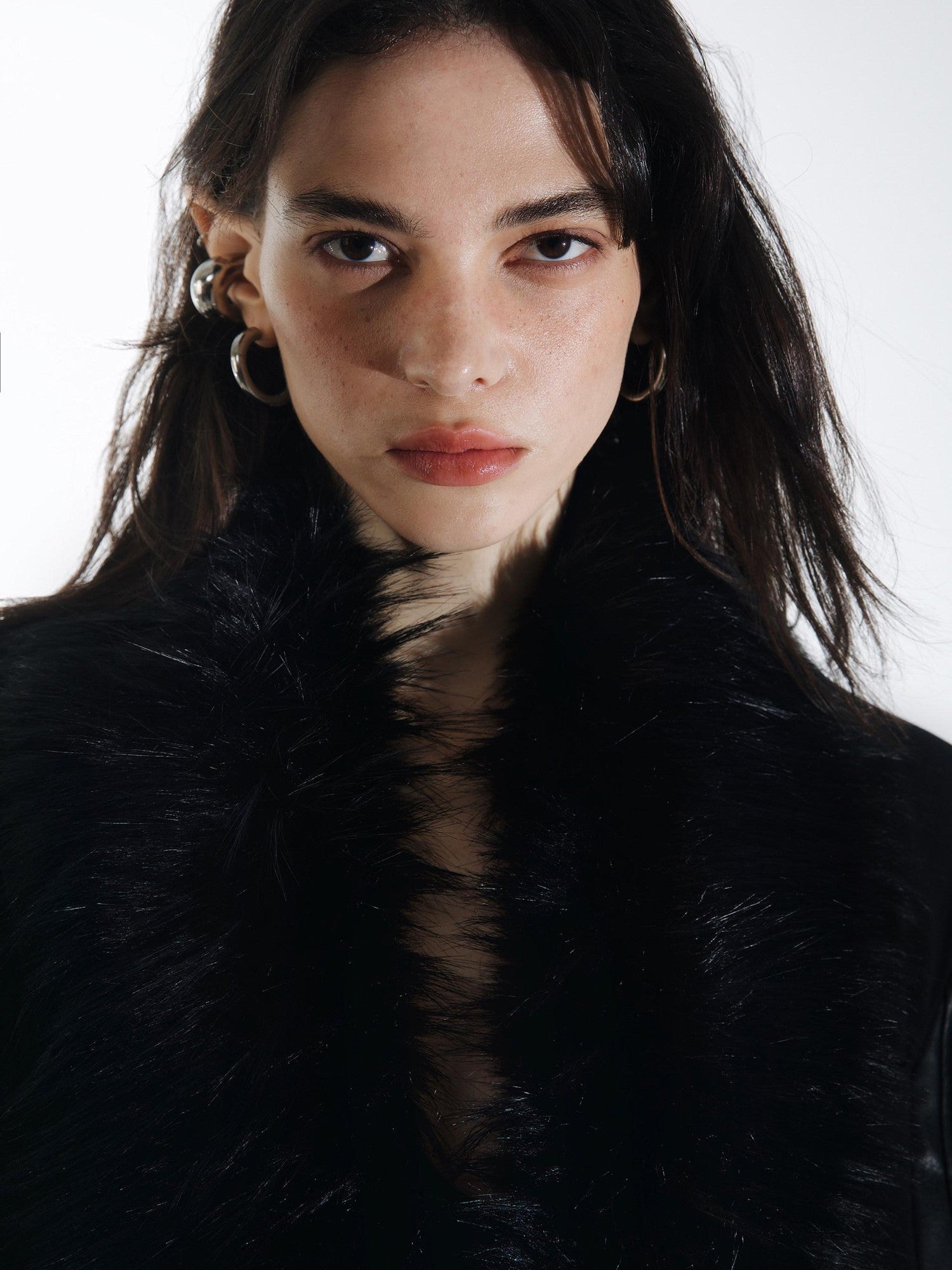 commonce net Black Detachable Fur Collar Spliced Zipper Oversized Women&