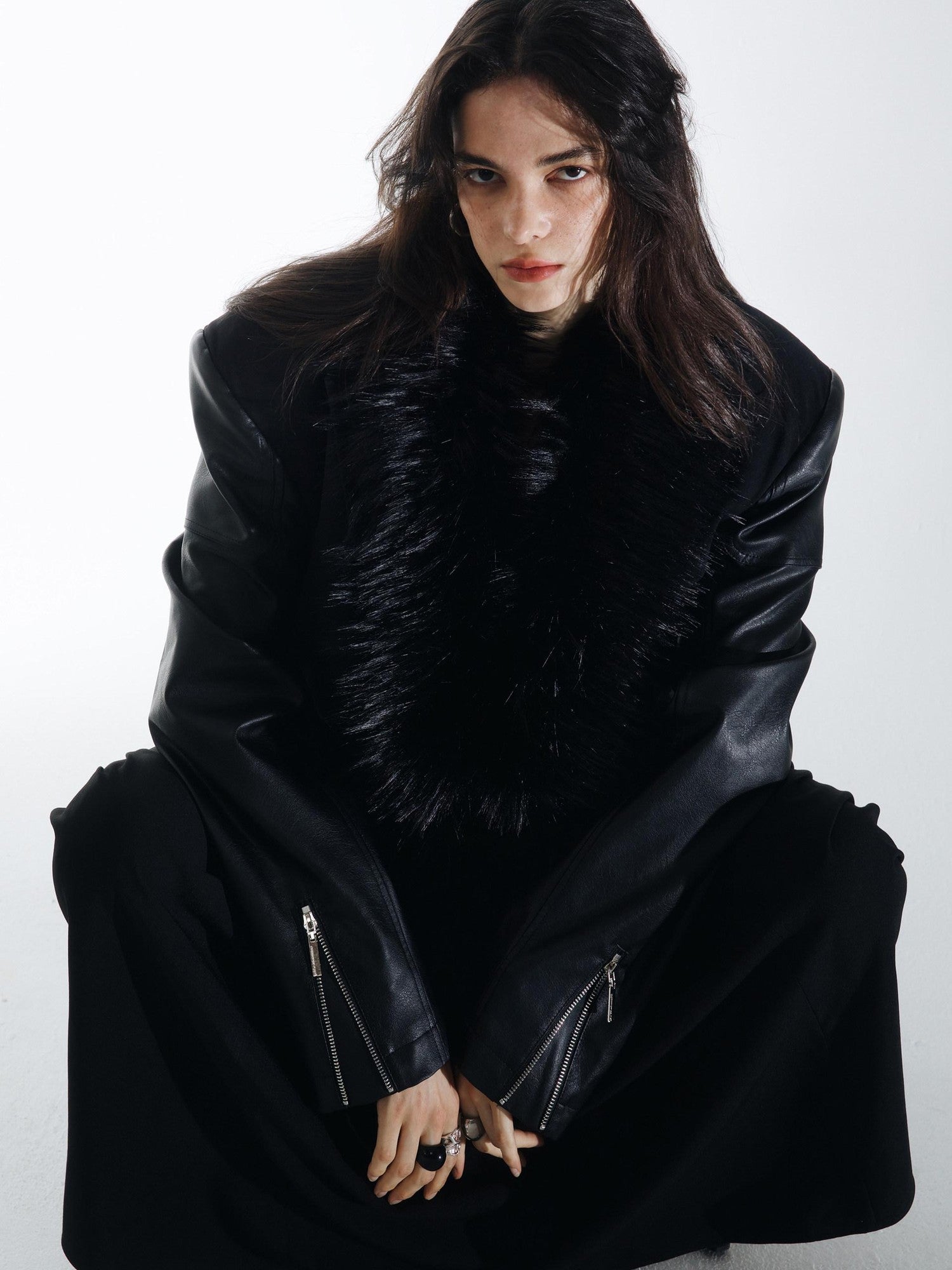 commonce net Black Detachable Fur Collar Spliced Zipper Oversized Women&