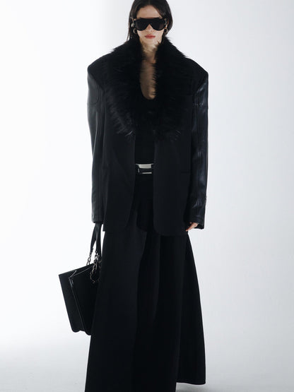 commonce net Black Detachable Fur Collar Spliced Zipper Oversized Women&