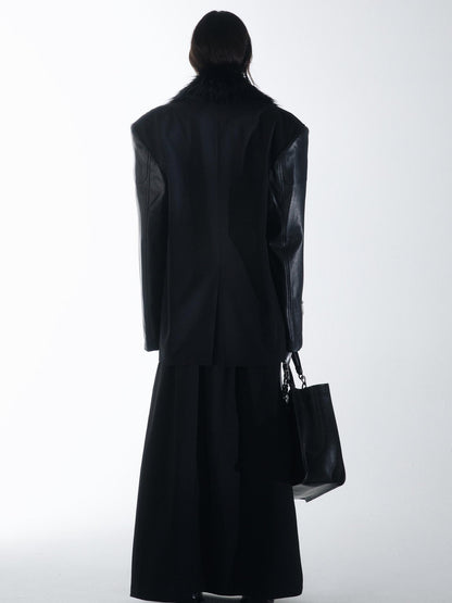 commonce net Black Detachable Fur Collar Spliced Zipper Oversized Women&