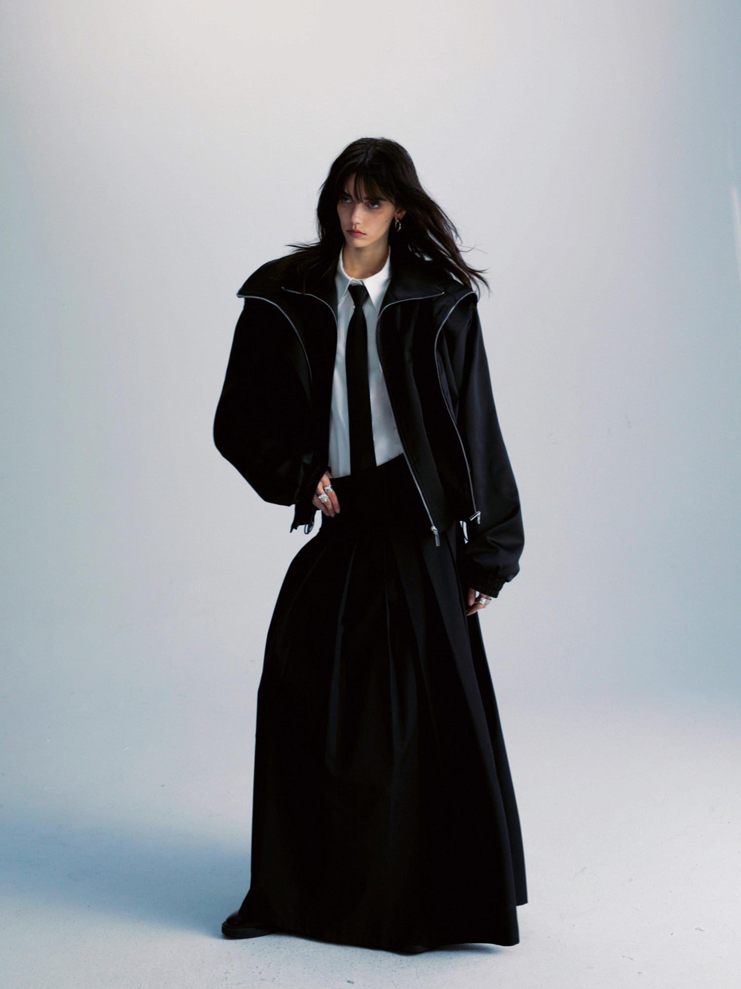 Black Double Zipper Drawstring Women&
