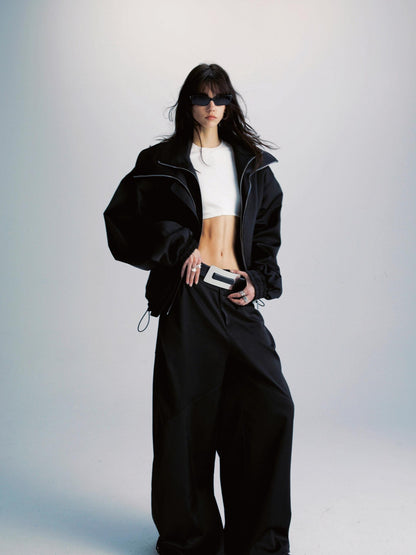 Black Double Zipper Drawstring Women&