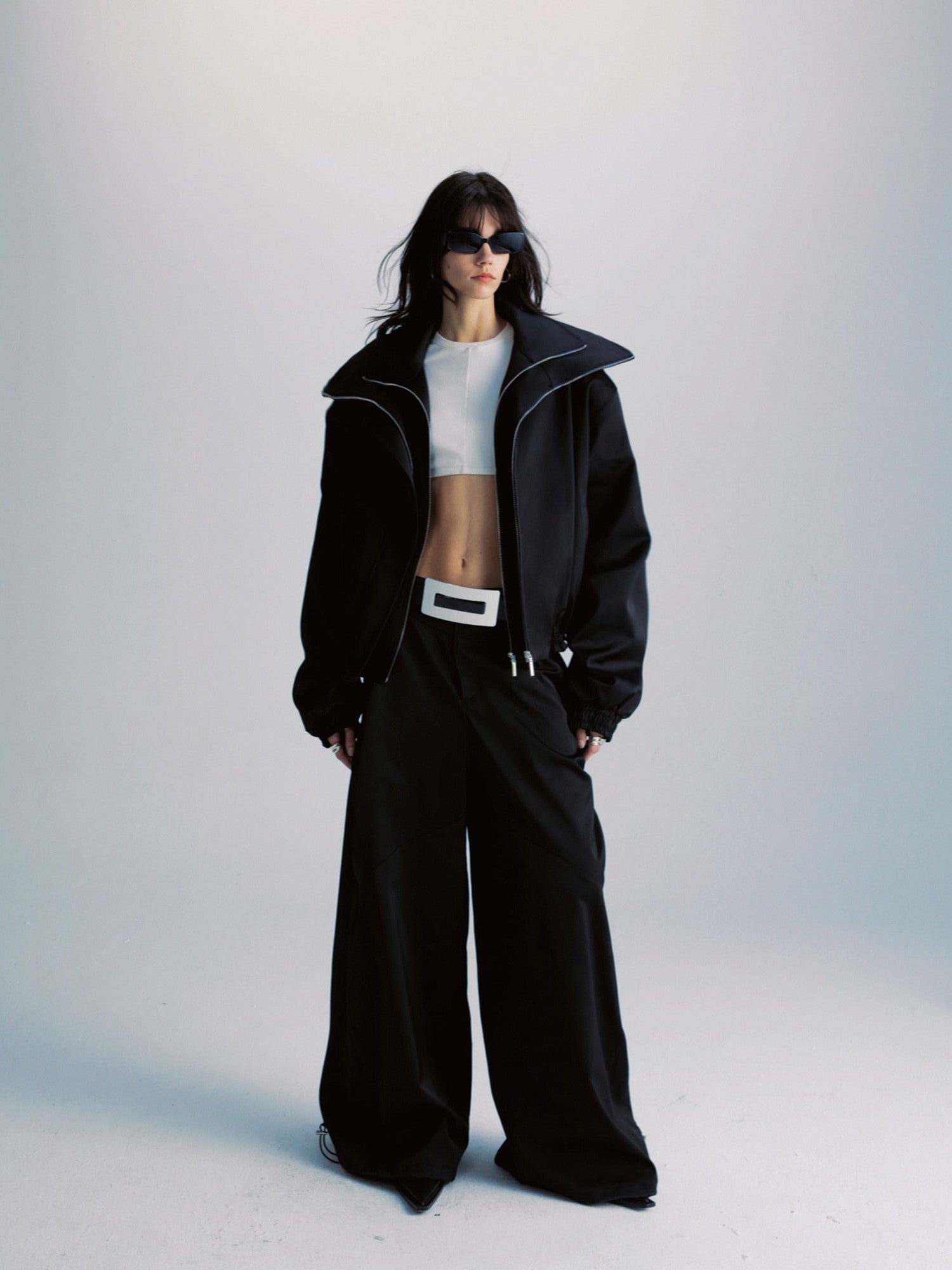 Black Double Zipper Drawstring Women&