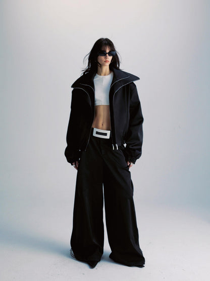 Black Double Zipper Drawstring Women&