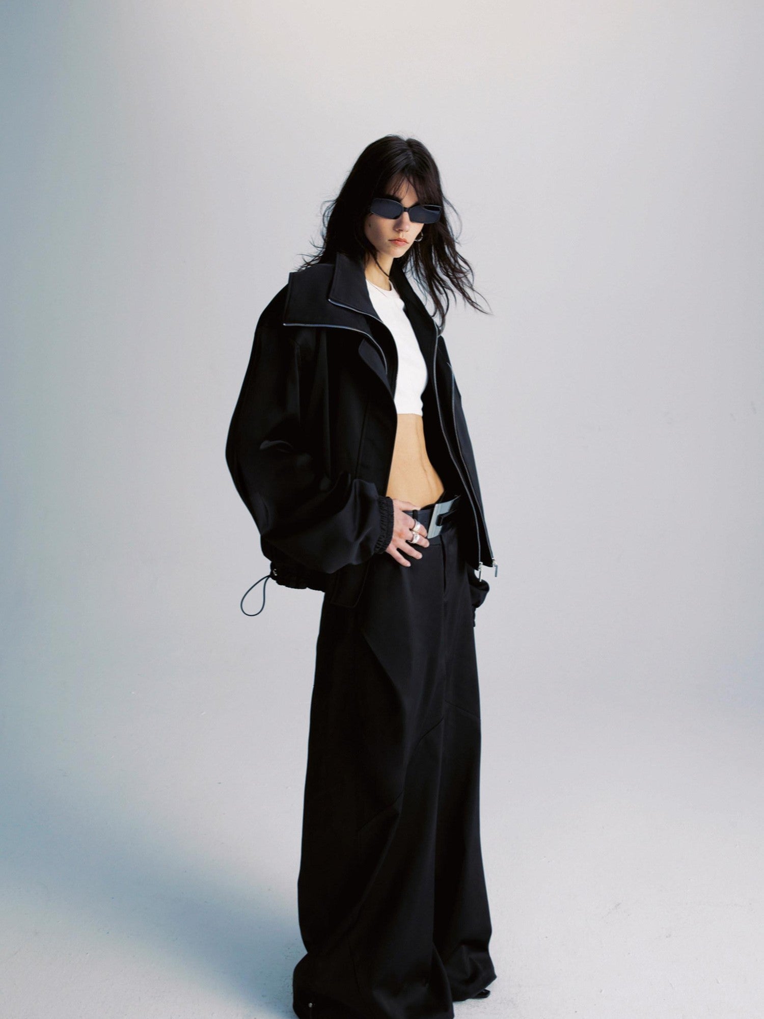 Black Double Zipper Drawstring Women&