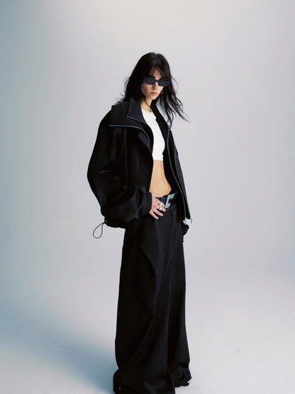 Black Double Zipper Drawstring Women&