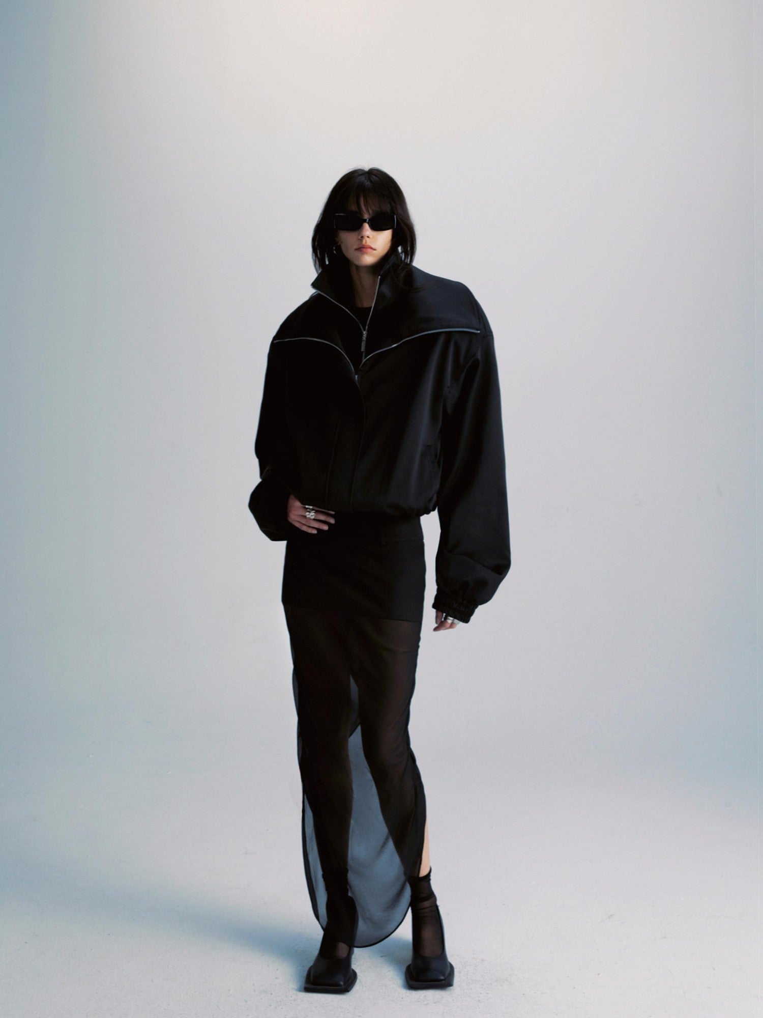 Black Double Zipper Drawstring Women&