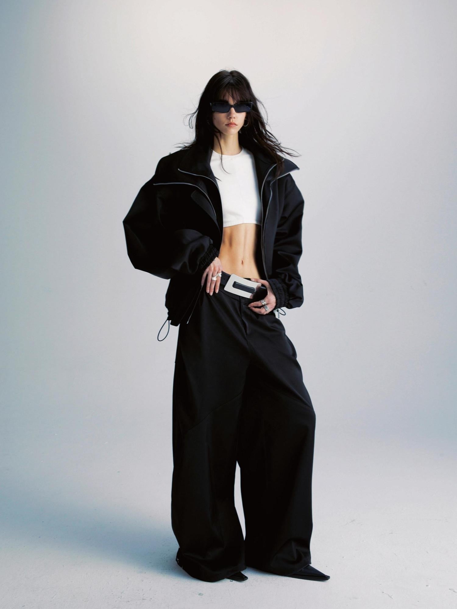 Black Double Zipper Drawstring Women&