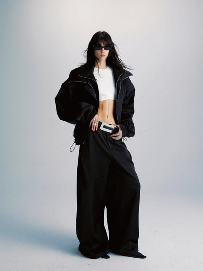 Black Double Zipper Drawstring Women&