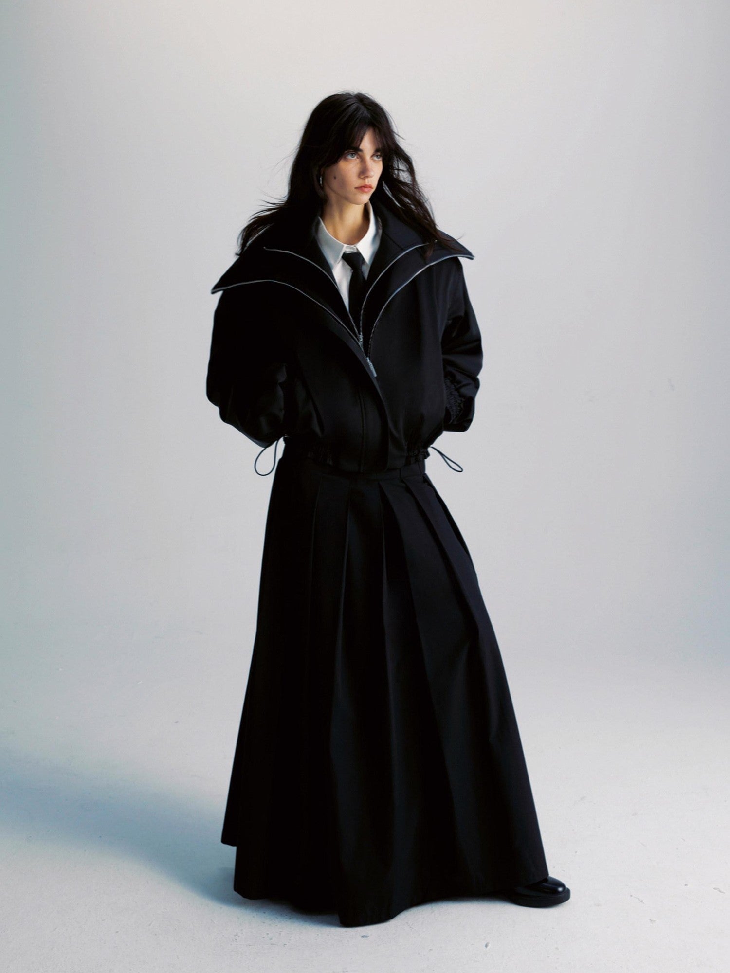 Black Double Zipper Drawstring Women&