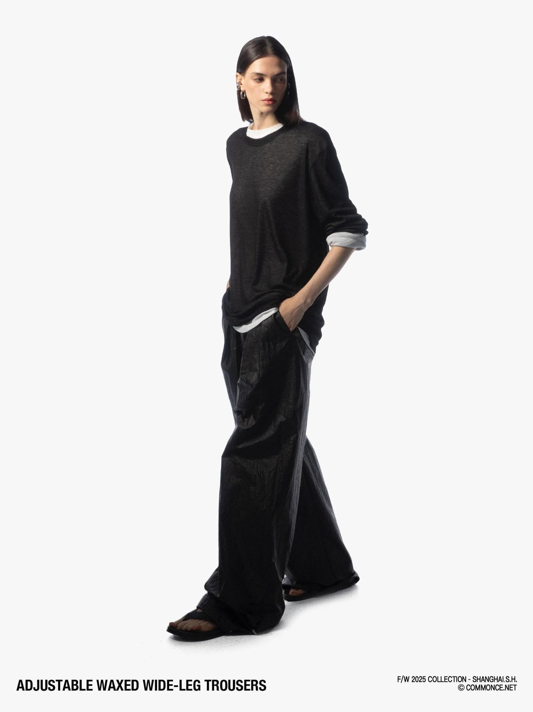commonce net Black Drawstring Elastic Waist Coated Women&
