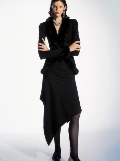 commonce net Black Fur Collar Curved Hem Knit Base Layer