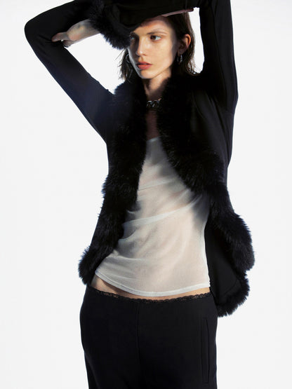 commonce net Black Fur Collar Curved Hem Knit Base Layer