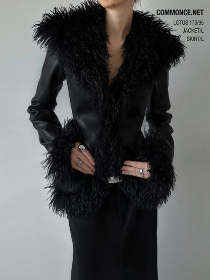 commonce_net_Black_Fur_Collar_Slightly_Cinched_Waist_Women&