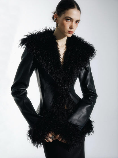 commonce net Black Fur Collar Slightly Cinched Waist Women&