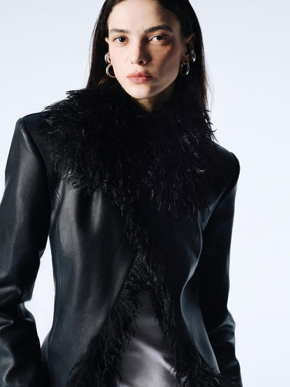 commonce net Black Fur Collar Slightly Cinched Waist Women&