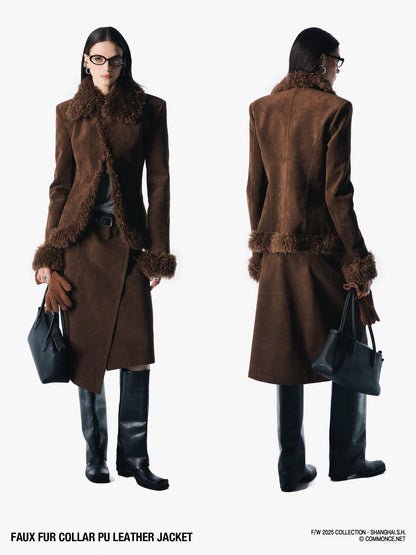 commonce net Black Fur Collar Slightly Cinched Waist Women&