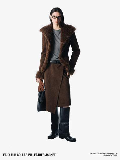 commonce net Black Fur Collar Slightly Cinched Waist Women&