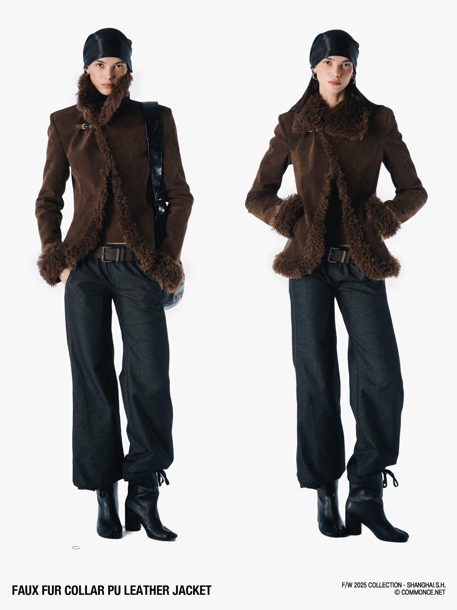 commonce net Black Fur Collar Slightly Cinched Waist Women&