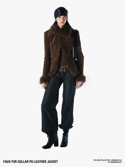 commonce net Black Fur Collar Slightly Cinched Waist Women&