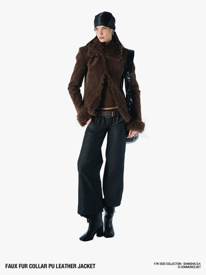 commonce net Black Fur Collar Slightly Cinched Waist Women&