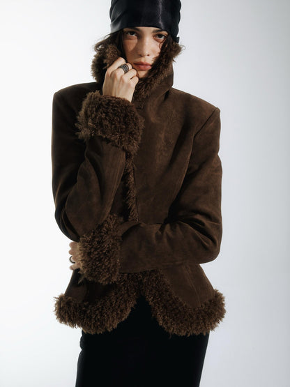 commonce net Black Fur Collar Slightly Cinched Waist Women&