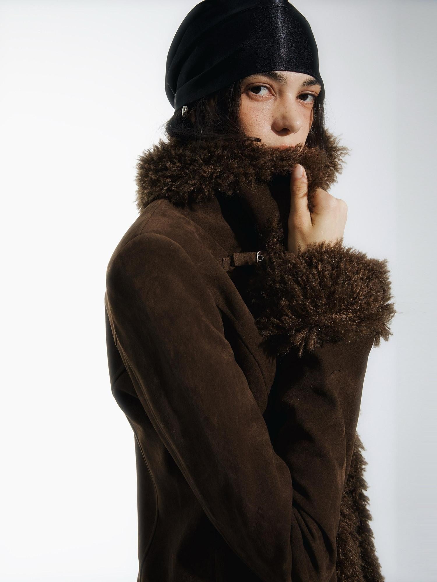 commonce net Black Fur Collar Slightly Cinched Waist Women&