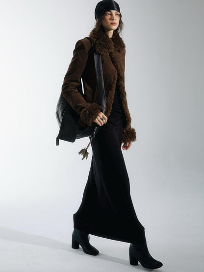 commonce net Black Fur Collar Slightly Cinched Waist Women&