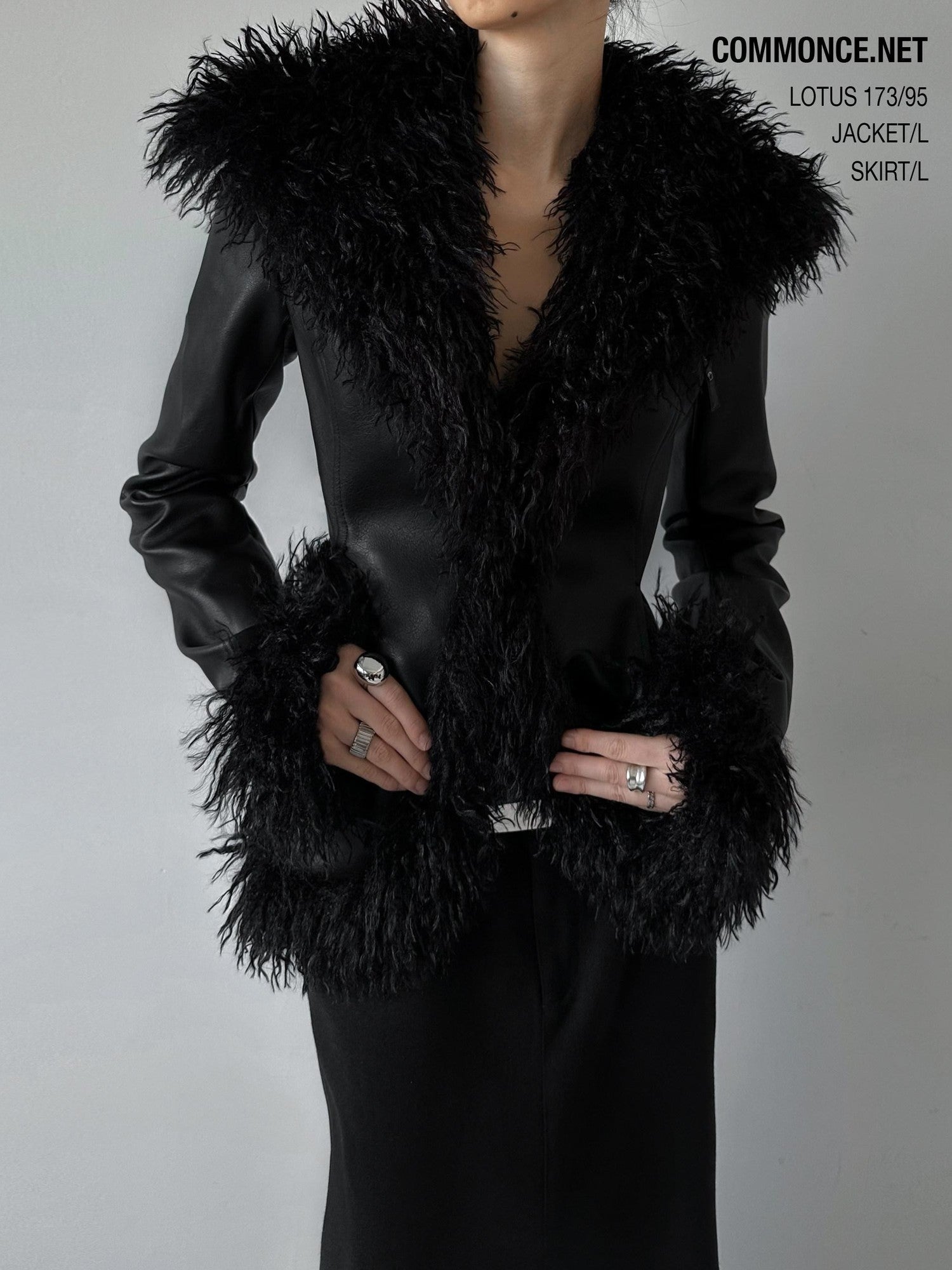 commonce net Black Fur Collar Slightly Cinched Waist Women&