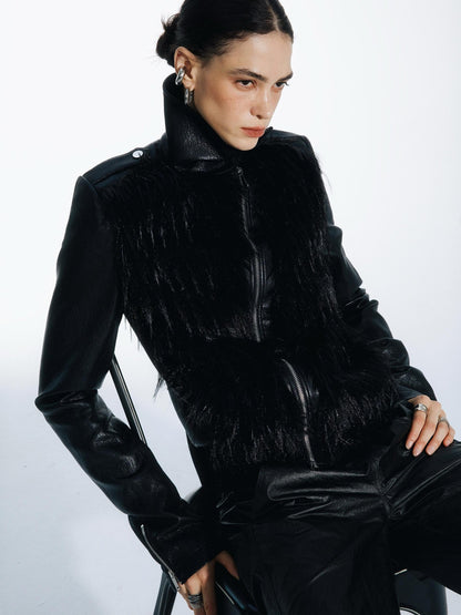 commonce net Black Fur Patchwork Zipper Set Shoulder Women&
