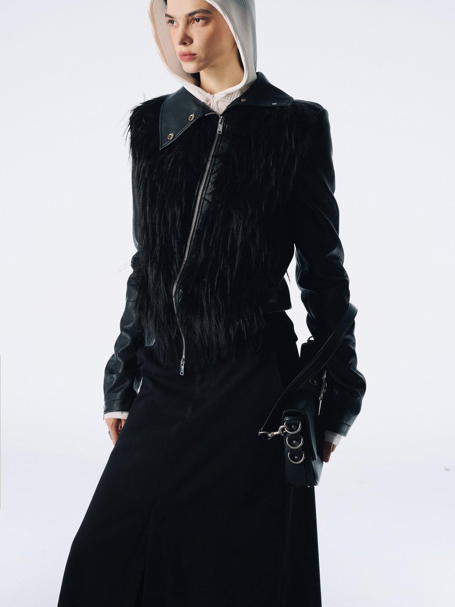 commonce net Black Fur Patchwork Zipper Set Shoulder Women&