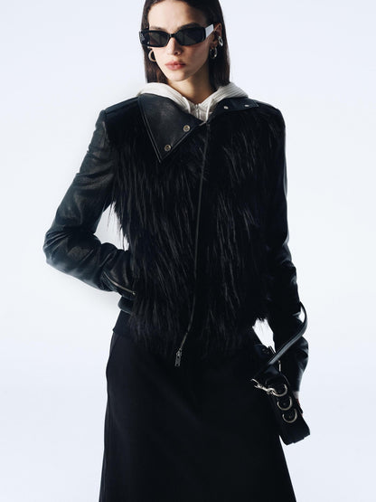 commonce net Black Fur Patchwork Zipper Set Shoulder Women&