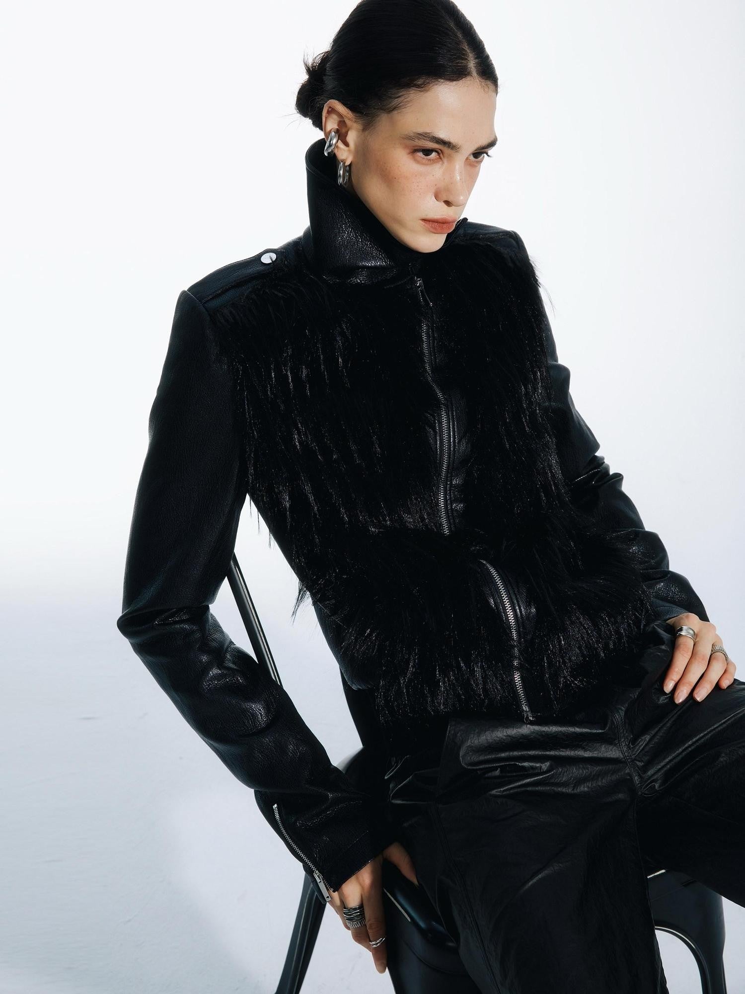 commonce net Black Fur Patchwork Zipper Set Shoulder Women&