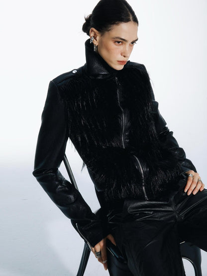 commonce net Black Fur Patchwork Zipper Set Shoulder Women&