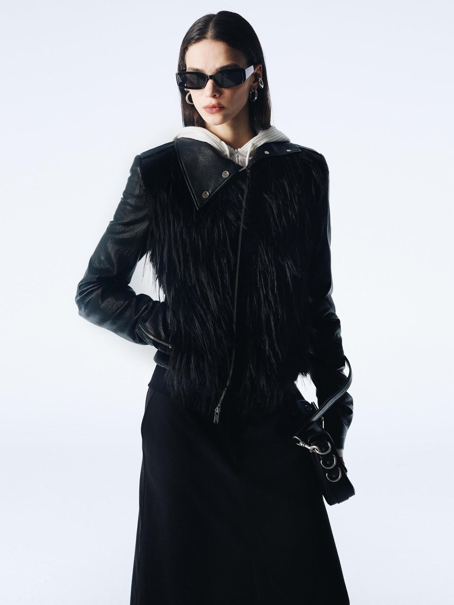 commonce net Black Fur Patchwork Zipper Set Shoulder Women&