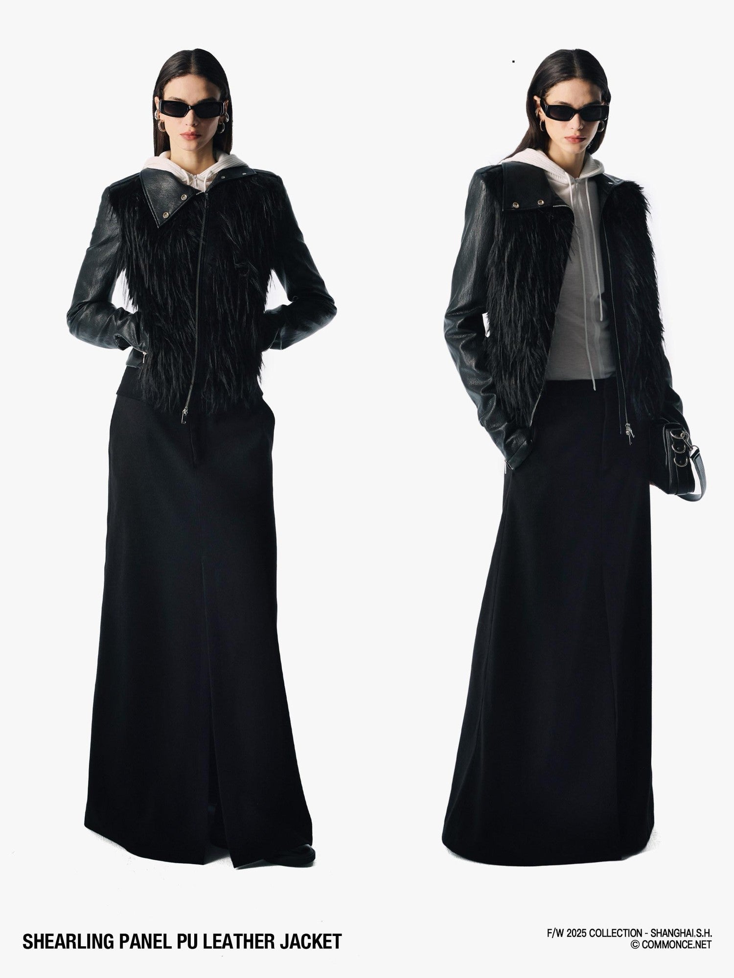 commonce net Black Fur Patchwork Zipper Set Shoulder Women&