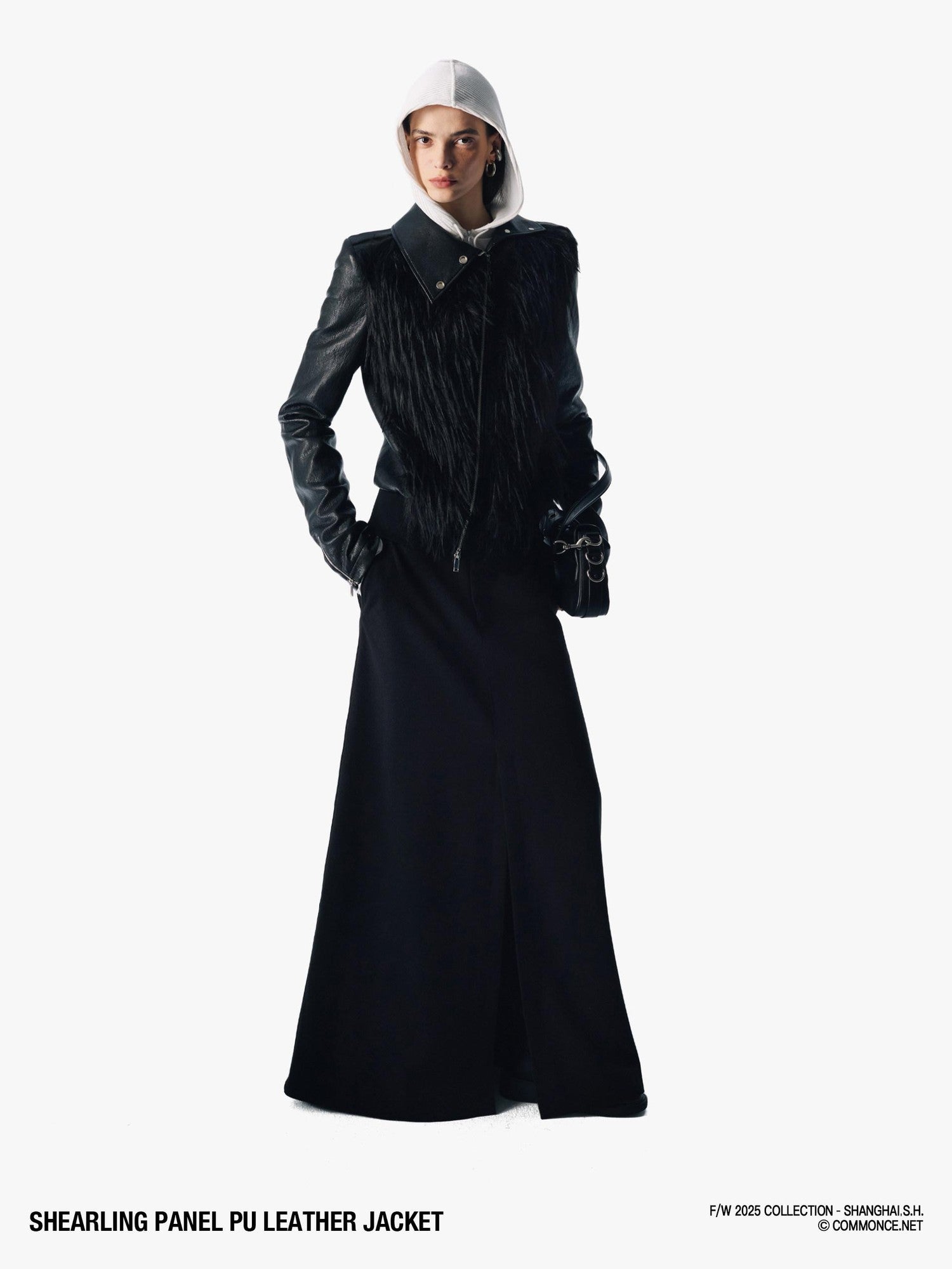 commonce net Black Fur Patchwork Zipper Set Shoulder Women&