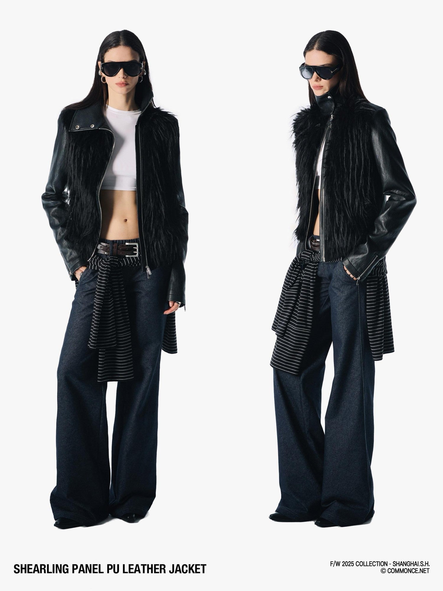 commonce net Black Fur Patchwork Zipper Set Shoulder Women&
