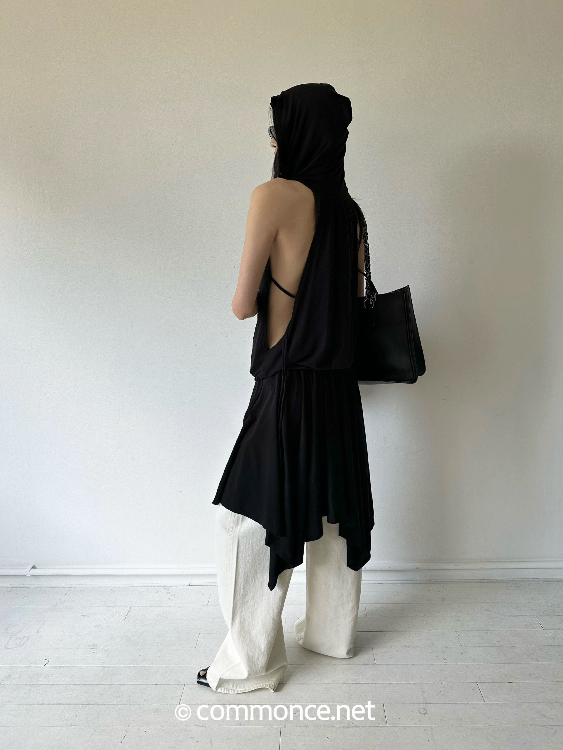 commonce_net_Black_Hooded_Draped_Neck_Backless_Drawstring_Women&