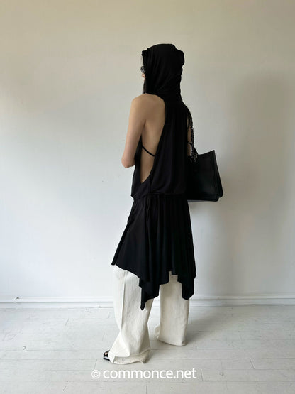 commonce_net_Black_Hooded_Draped_Neck_Backless_Drawstring_Women&