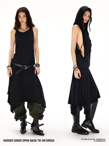 commonce net Black Hooded Draped Neck Backless Drawstring Women&